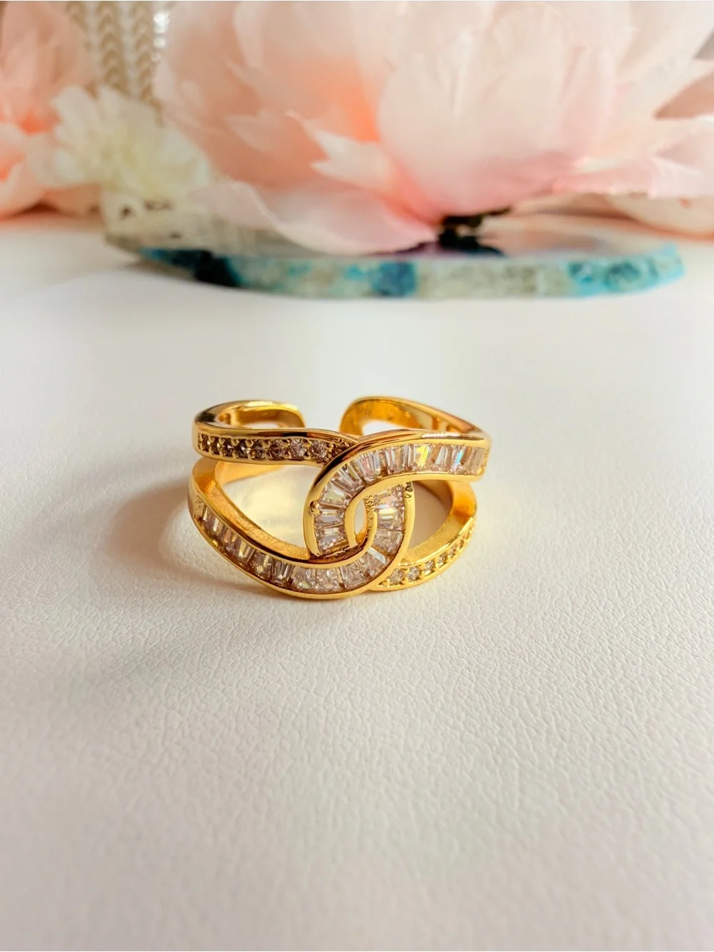Gold-Tone Pink Baguette Crystal Wave Ring